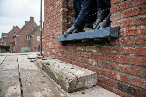 Nieuwe blauwe hardstenen dorpel die onder een raamopening in mortel wordt gelegd