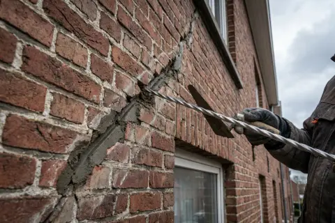 Roestvrije spiraal die in een lintvoeg boven een raamopening wordt ingemetseld